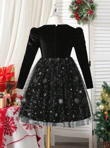 Vestido de fiesta de princesa con mangas de farol de malla y estampado de estrellas de terciopelo para niña preadolescente