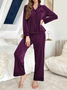 Conjunto de pijama de mujer de terciopelo suave y esponjoso con decoración de lazo, ropa de otoño e invierno, acogedor - Morado - Ver 6