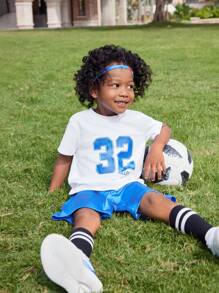 SHEIN 4t 年轻男孩白色圆领篮球球衣和短裤套装，男孩运动服 - 彩色 - 查看 6