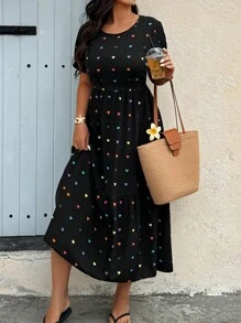 Calvaya Plus Size Women Round Neck Short Sleeve Ruffle Hem Casual Heart Print Dress