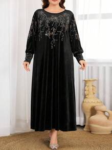 Al Najma Green Colorful Rhinestone Decoration Elegant Maxi Velvet Party Dress, Round Neck Long Length Plus Size Kaftan Jalabiya Dress - Black - View 4