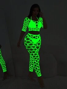 2pcs Women's Solid Color Short Sleeve Sheer See-Through Sexy Mesh Top Set - fluorescent green - View 3