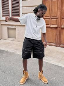 Manfinity RebelGame Pantalones cortos rectos holgados tejidos para hombre, adecuados para el verano
