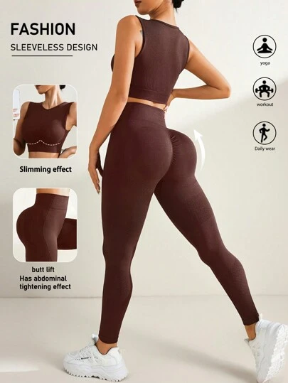 Easithlete Women's Solid Color Round Neck Cropped Tank Top And High Waist Legging Seamless Sports Set Workout Women Setwomen Workout Set