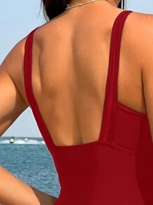Swim Vcay Đồ bơi một mảnh đơn giản không tay phối lưới tương phản dành cho nữ mùa hè - Đỏ - Xem 5