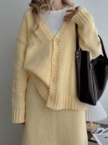 INAWLY 2 pièces Ensemble de pullover en tricot col V élégant, automne/hiver