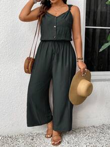 SHEIN Frenchy Plus Size Twist Knot Straps Gathered Waist V-Neck Long Jumpsuit - Navy Blue - View 1