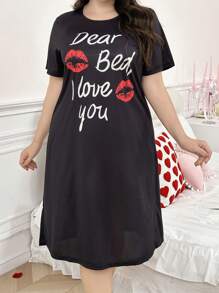 大码女式性感嘴唇和字母印花短袖圆领睡衣 - 黑色 - 查看 3