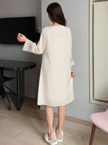 DAZY Lace Patchwork Satin Sleepwear Set - Robe & Slip Dress Pajama - Beige - View 2