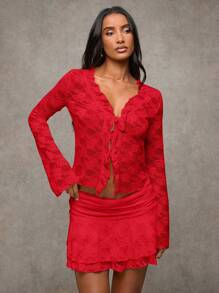 SHEIN BAE 黑色性感蕾丝甜美荷叶边前肩带透视上衣 女士/秋季女装/西装/牛仔女装 - 紅色 - 查看 6