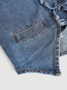 SHEIN Girls Blue Denim Cropped Cardigan With Bow Detail