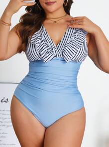 SHEIN Swim Curve 1 pieza Traje de baño elegante y entallado a rayas para mujer de talla grande, estilo resort de verano - Multicolor - Ver 4