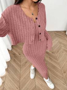 Muchica Women's New Autumn Rib Knit Drop Shoulder Button Front Jacket And Bodycon Mid-Length Dress Set