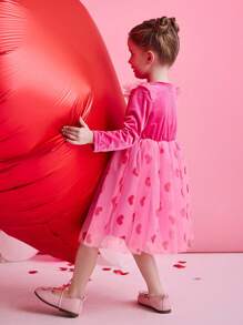 Christmas Young Girl Dress, Party Wear, Santa Dress, New Year Dress, Girls Velvet Heart Print Tulle Long Sleeve Dress, Holiday Party, European And American Style - Pink - View 4