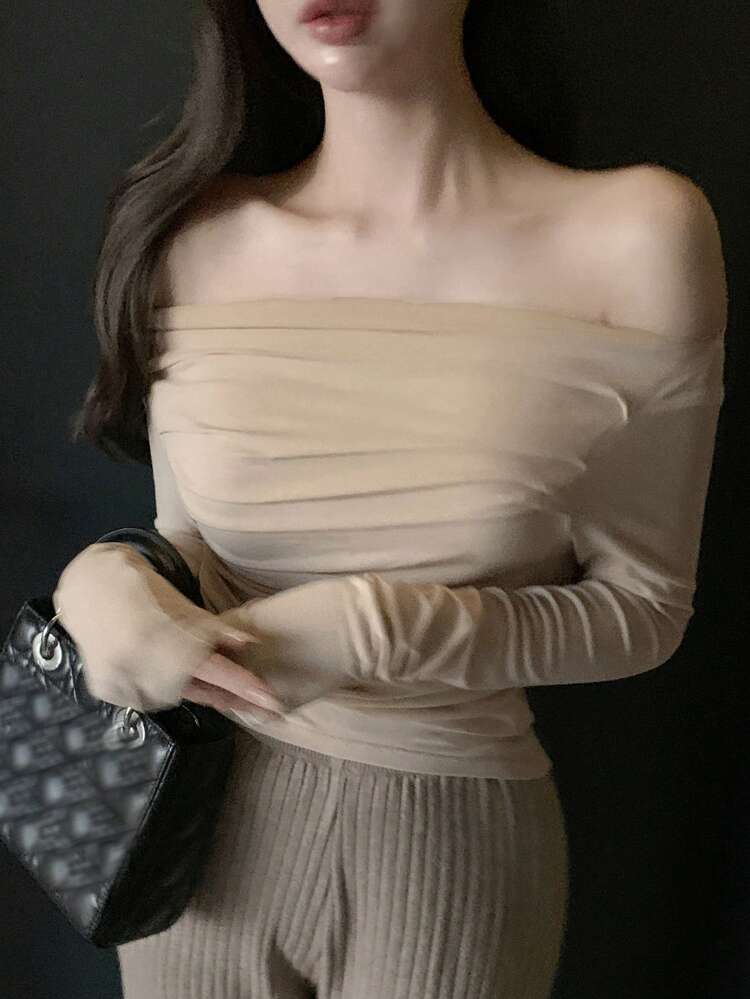 Fashion Off-Shoulder Long Sleeve Ruched Fitted Women T-Shirt,Fall Women Clothes