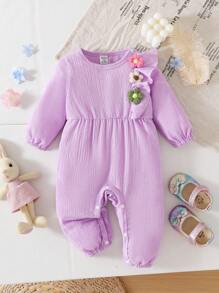SHEIN BABYGIRL Autumn/Spring Purple Romper With Funny Multi-Color Floral Decoration, Single Side Ruffle Hem, Daily Wear Essential