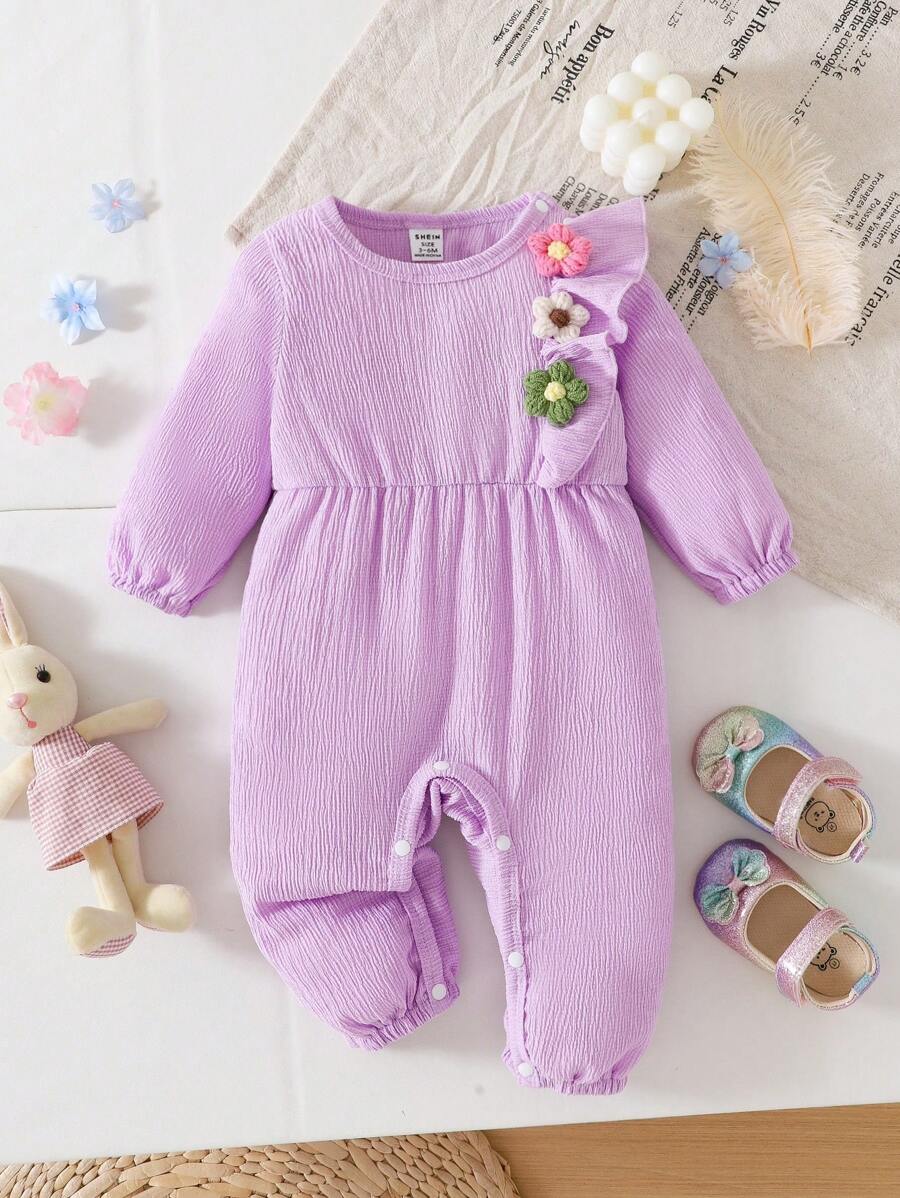 SHEIN BABYGIRL Autumn/Spring Purple Romper With Funny Multi-Color Floral Decoration, Single Side Ruffle Hem, Daily Wear Essential
