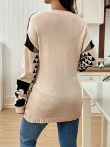 SHEIN Floral & Geometric Pattern Pregnant Women Long Sleeve Knitted Sweater, Winter