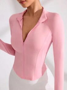 Easithlete White Slim-Fit Yoga Sports Jacket - Baby Pink - View 1