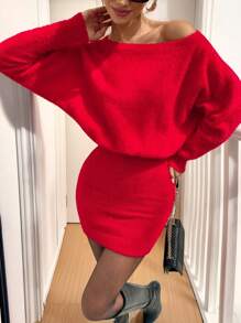 Chiquease Nouvelle robe pull près du corps cintrée à la taille, col rond, couleur unie, sexy, pour le Nouvel An - Rouge - Voir 1