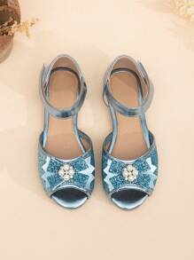 Girls Glitter Patent Faux Leather Pearl Rhinestone Bowknot Decor Open Toe Flat Princess Sandals - Blue - View 1