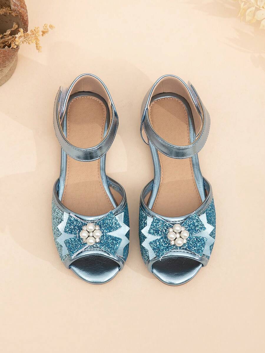 Girls Glitter Patent Faux Leather Pearl Rhinestone Bowknot Decor Open Toe Flat Princess Sandals - Blue - View 1