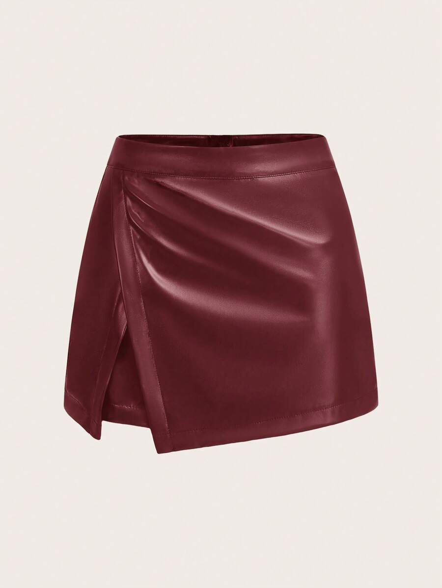 Firerie 优雅时尚高腰修身 PU 裙短裤，百搭设计皮短裤，秋冬新品 - 酒紅色 - 查看 1