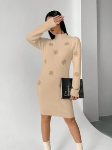SHEIN Unity 女士半高领雪花肩修身长袖针织连衣裙，秋冬 - 卡其色 - 查看 6