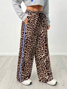 SHEIN PETITE Pantalones de pernera ancha con cordón y franja lateral en estampado de leopardo - Marrón - Ver 7