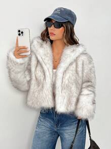 SHEIN PETITE Women Fashion Fluffy Faux Fur Coat In Fall/Winter - White - View 6