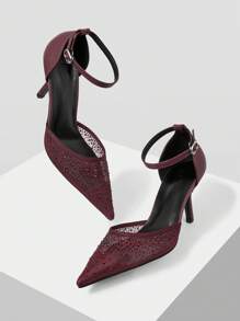 MOTF PREMIUM 水钻尖头踝带高跟鞋，情人节款，春季鞋 - 酒紅色 - 查看 5