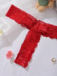 SHEIN 女士性感蕾丝圆圈装饰纯色丁字裤内衣 - 酒紅色 - 查看 6