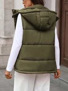 Chiquease Jaqueta Acolchoada de Inverno com Capuz Simples, Zíper Frontal, Sem Mangas e de Cor Sólida para Mulheres - Verde Militar - Visão 2