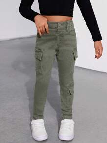 SHEIN Young Girl Light Green Cargo Denim Pants - Army Green - View 4