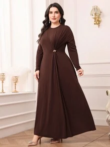 Modelyn Vestito lungo semplice con scollo tondo, manica lunga, orlo plissettato, per grandi taglie, abito da sera lungo