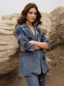 Anewsta Áo khoác denim dáng rộng được trang trí công phu dành cho nữ, giúp thon gọn - Màu xanh lam - Xem 5