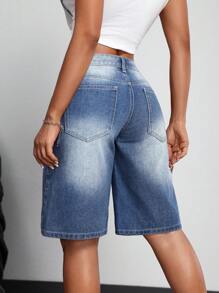SHEIN PETITE 女士简约前扣口袋牛仔短裤，休闲日常穿着 - 藍色 - 查看 2