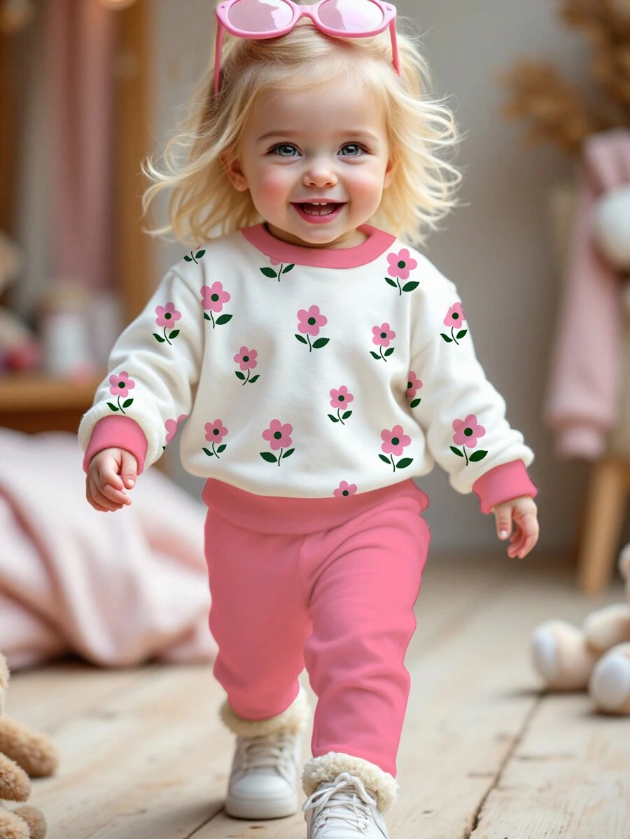 SHEIN Happikins Cute & Sweet Cartoon Flower Print Soft Thick Baby Girl Casual Crew Neck Long Sleeve Sweatshirt And Leggings Set, Suitable For Autumn/Winter - Multicolor - View 1