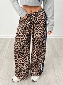 SHEIN PETITE Pantalones de pernera ancha con cordón y franja lateral en estampado de leopardo - Marrón - Ver 6