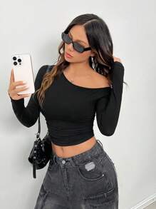 SHEIN PETITE Áo len dệt kim co giãn thoải mái, cổ lệch vai, tay dài không đối xứng, không thể thiếu cho phụ nữ mặc hàng ngày trong mọi mùa - màu đen - Xem 7