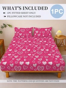 1pc Pink Hearts Fitted Sheet, Bedding, Mattress Protector, Bed Cover, Fitted Sheet, Comfortable Home Textile, Breathable Anti-Pilling Mattress Protector, Geometric Pattern Bed Cover, Home Decor, Fits All Bed Sizes, OEKO-TEX - Pink - View 3