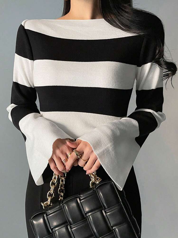 Women's Striped Boat Neck Flare Sleeve Fitted Sweater, White, Spring/Autumn,Fall Women Clothes