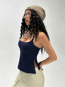 Coolane Women's Solid Casual Basic Daily Wear Halter Top - Navy Blue - View 7