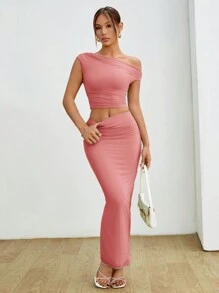 SHEIN PETITE 女士不对称领口褶皱上衣和裙子套装 - 粉色 - 查看 6
