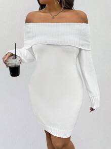 Flirla Rochie albă cu umăr deschis, cu mânecă lungă, cu umăr deschis, cu mânecă lungă, cu farmec elegant, cu guler deschis, articol esențial de toamnă/iarnă - alb - Vizualizare 4