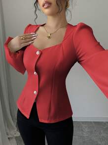 Elenzga 女士纯色方领褶皱泡泡袖优雅长袖衬衫 - 紅色 - 查看 3