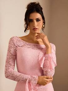 SHEIN Glamour Đầm Maxi Ren Tay Dài Đơn Giản Ôm Vừa Thanh Lịch Cho Nữ, Trang Phục Nữ, Đầm Ren - Hồng - Xem 6