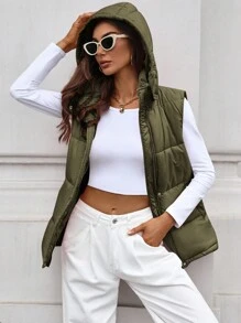 Chiquease Jaqueta Acolchoada de Inverno com Capuz Simples, Zíper Frontal, Sem Mangas e de Cor Sólida para Mulheres - Verde Militar - Visão 4