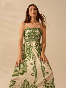 CAJUNI 女士波西米亚风热带绿色印花挂脖超长连衣裙夏季休闲海滩度假连衣裙 - 彩色 - 查看 4