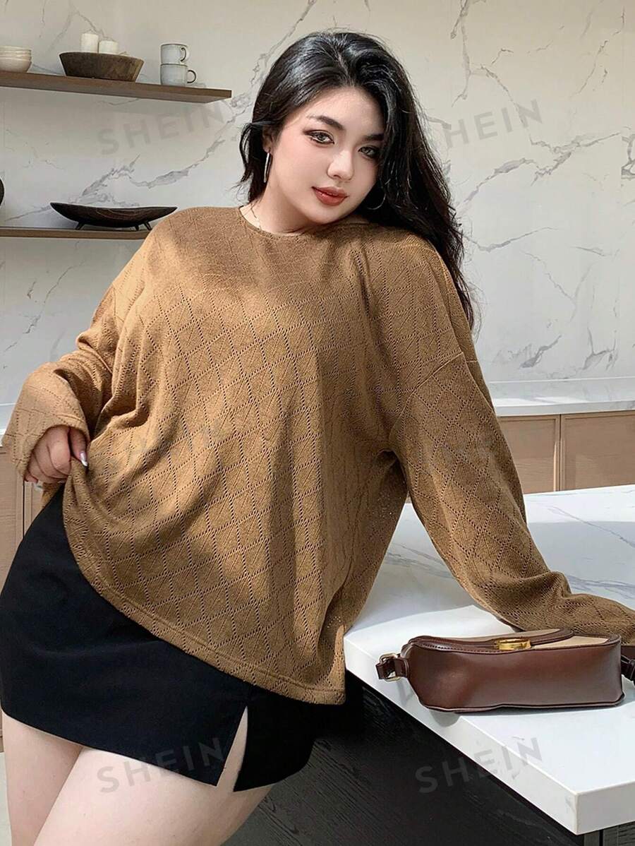 Dazy Plus Blusa holgada de talla grande con cuello redondo, textura de tela con estampado, semi-transparente, para mujer, de manga larga, para primavera/verano/otoño, ropa de mujer para otoño